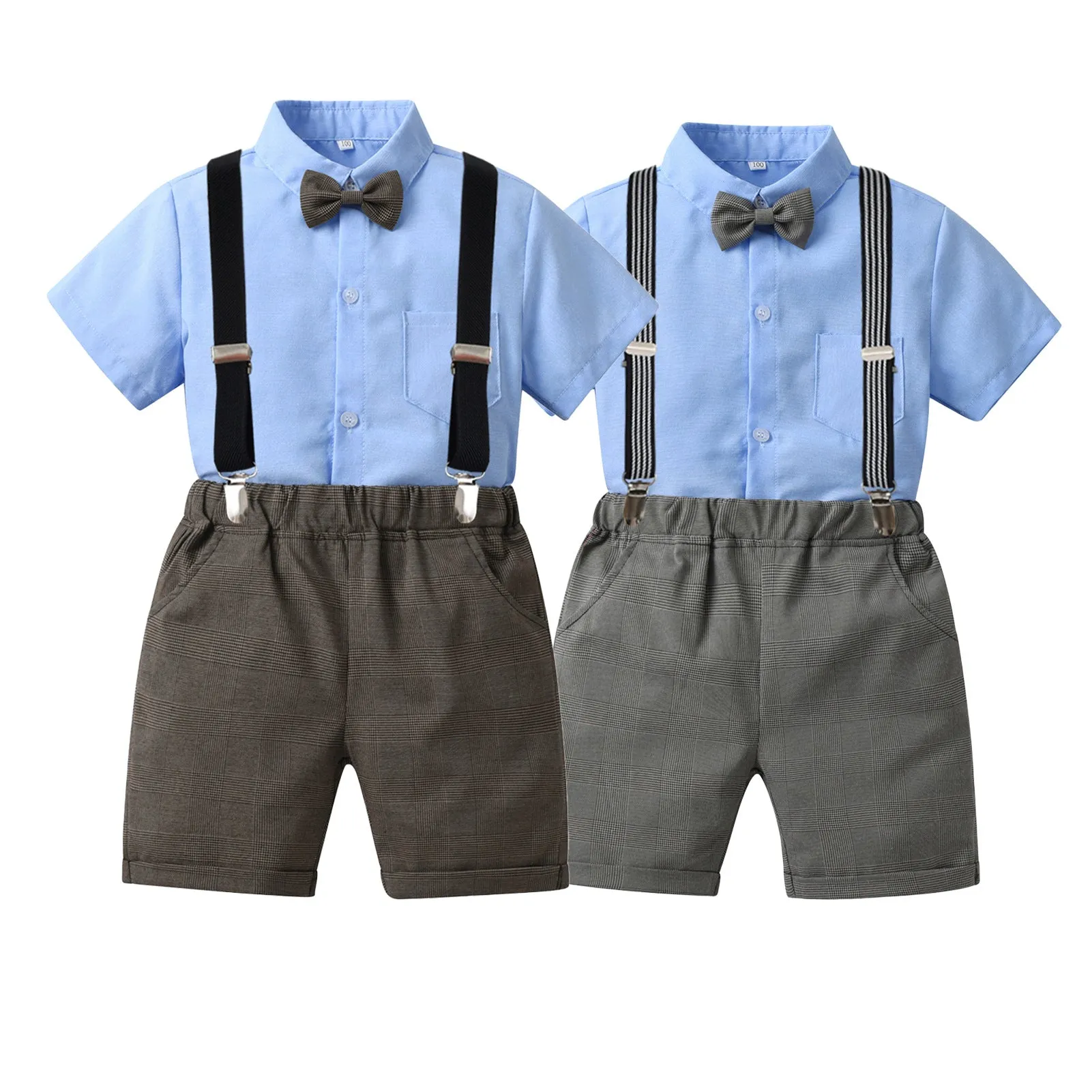 2 Pieces Set Baby Kid Boys Birthday Solid Color Bow Shirts And Checked Rompers Wholesale 230224131