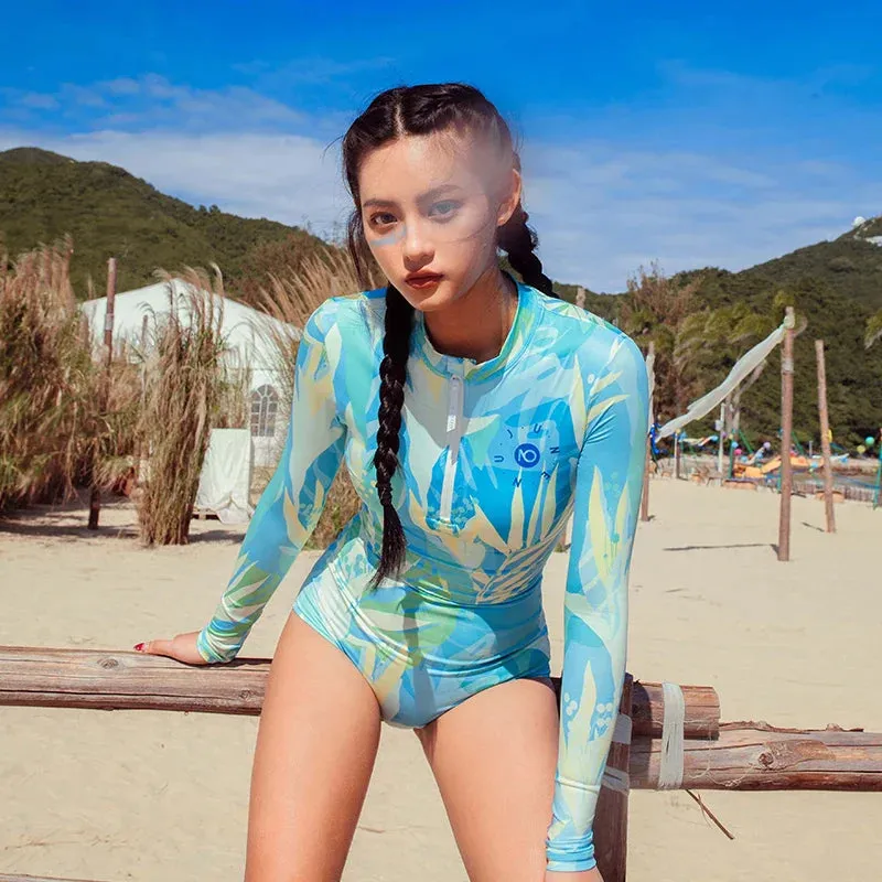 Joskaa Women Zipper Long Sleeves Rash Guard Swimwear Sports One Piece Swimsuit Beach Hot Spring Surfing Bathing Suit Body Suit