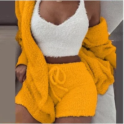Women 2PCS/Set Sexy Fluffy Velvet Plush Hooded Cardigan Coat Shorts